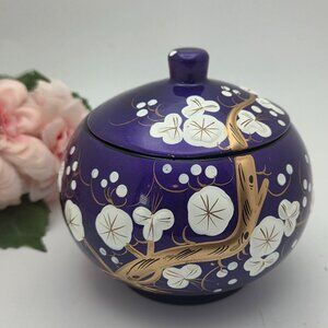 Vintage Purple Lacquered Trinket Box Decor Hand Painted Cherry Blossoms With Lid
